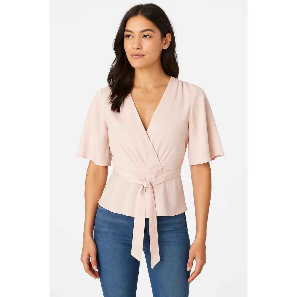 ASTR The Label Top Womens Small Light Pink Wrap Blouse VNeck Tie Short Sleeve